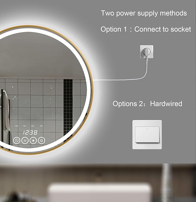 Wall-Mounted Round Bathroom Mirror with LED-Lights - Frame Vanity Mirrors (28" x 28", Gold)
