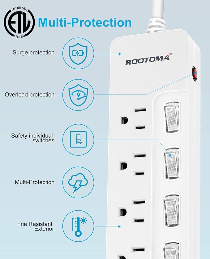 ROOTOMA Power Strip Surge Protector with Individual Switches,6-Foot 14AWG Long Extension Cord 1875W/15A Wall Mount for Office Dorm Home Theatre (6outlets-6ft)