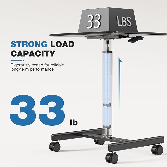 DUMOS Mobile Rolling Desk with Wheels Adjustable Height | Small Standing Desks Portable Laptop PC Table, Computer Workstation for Home Office Small Space, Black