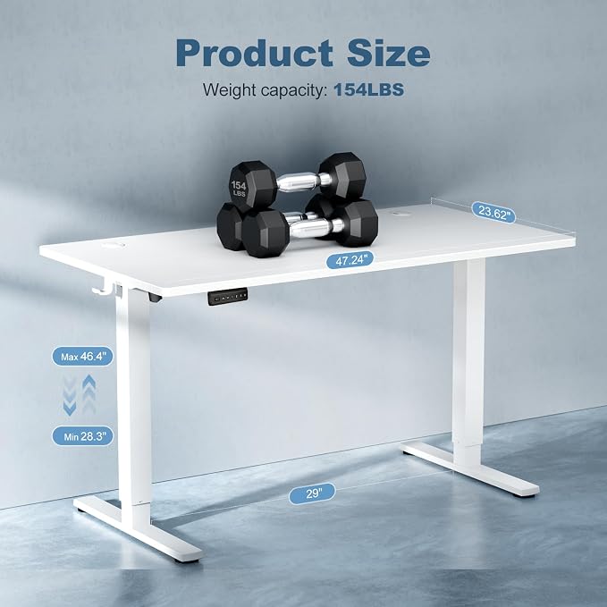 DUMOS 48 Inch Electric Standing Desk, Memory Adjustable Home Office Desk | Sit Stand Up Desk for Work Home Office,Adjustable Desk, Rising Computer Table with Splice Board,Cable Management,Hook,White