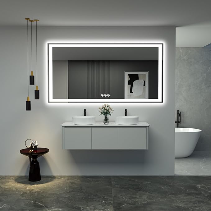 60"x 40" LED Bathroom Mirror with Lights, Front and Backlight, Dimmable Smart Mirror Bathroom, Anti-Fog, 3 Colors Lighted Bathroom Vanity Mirror for Wall Tempered Glass (Horizontal/Vertical)