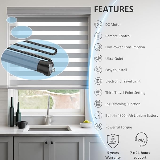 Motorized Roller Shade Motor Kit, 4800mAh Rechargeable Electric Blind Motor, Remote Control Retrofit, High Torque Tubular Drive for Window Shades (6.0 N.m for Φ40mm (1.57") Round Tube)