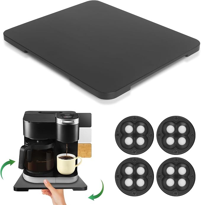 360°Rolling Tray Bamboo Kitchen Appliance Slider for Coffee Maker Pot | Countertops Sliding Tray Mat for Kitchen Appliances Easily Move Under The Cabinet Black 11.6×13.9