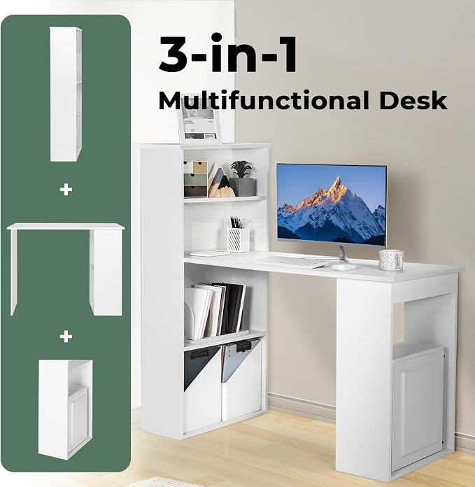 GRAFFY Computer Desk with 6 Storage Shelves - 48" Reversible Writing Desk Workstation with Bookshelf and CPU Stand, Modern Compact Office Desk for Bedroom, Study, Home, Office (White)