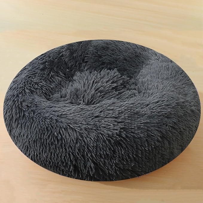 Large Calming Dog Bed, 40 Inch Anti-Anxiety Donut Dog Cuddler Cat Bed, Warming Cozy Soft Dogs Round Bed, Fluffy Faux Fur Machine Washable Pet Cushion for Medium Large Dogs & Cats (Dark Grey)