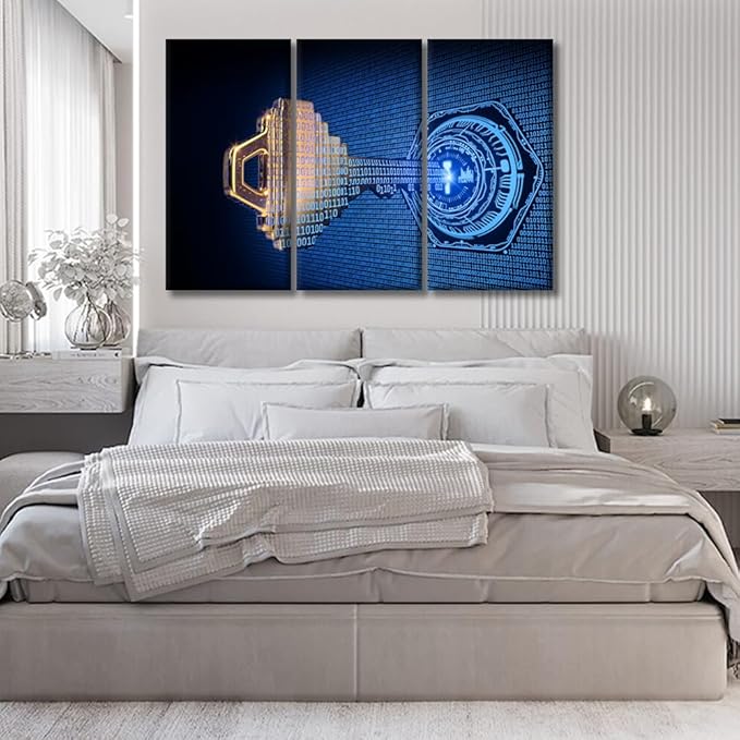3 Panel Framed Wall Art A Key Formed from Binary Code Goes Into an Abstract Lock Posters and Prints for Bedroom Living Room Wall Decoratio, Ready to Hang, 20x40inchx3