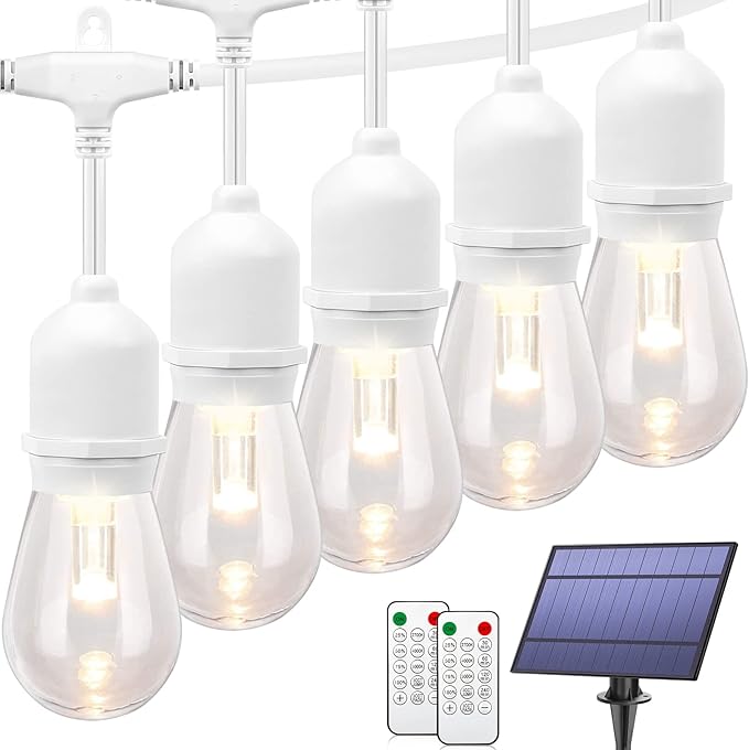 Mlambert 3-Color in 1 Dimmable Solar String Lights Outdoor, 48FT Patio String Lights with Remote and 15+3 Waterproof LED Bulbs for Bistro-White Cord