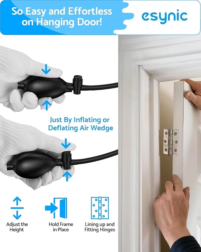 eSynic 3 Pack Air Wedge Bag Kit – 300lbs Heavy-Duty TPU Door Lifting Bag with Quick-Release Valve & 6 Plastic Wedges 2.4" Lift Height Durable Air Shim– Perfect for Door/Window Furniture Installation