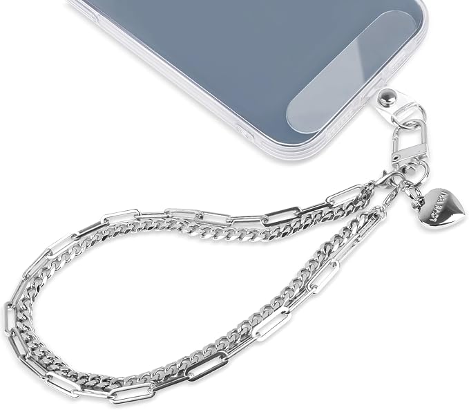 AULEEP Phone Chain Wristlet Strap,Double Metal Phone Charm with Tether Tab,Detachable Cellphone Wrist Strap Universal Silver Hands-free Anti Theft Hand Chain
