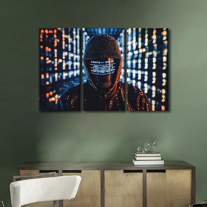 3 Panel Framed Wall Art Hacker in Mask on Dark Background with Digital Effects Pictures Print on Canvas for Living Room Bedroom Wall Decoration, Wooden Framed Ready to Hang, 42" Wx28 H