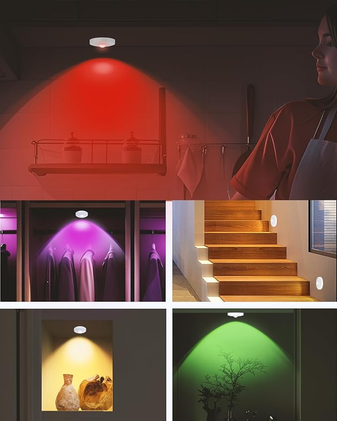 Rechargeable RGB Puck Lights with Remote Control, 1500mAh Battery Operated Push Lights, Dimmable & Timer Under Cabinet Lighting for Closet, Bedroom, Kitchen White 3Pcs