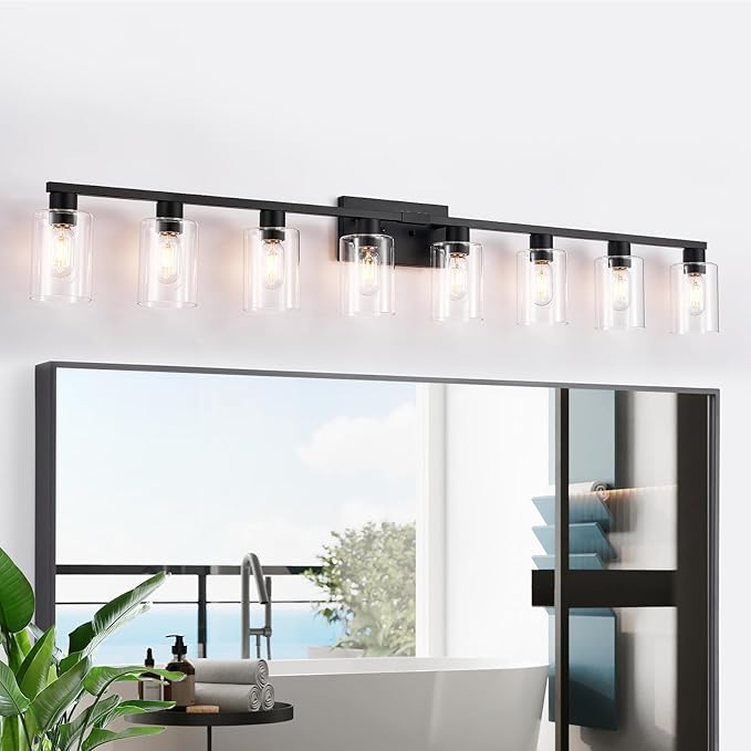8-Light Black Vanity Light Fixtures,Vanity Lights Clear Glass ShadeRust and Moisture Resistant Easy to Install Vanity Lights for Bathroom Light Over Mirror