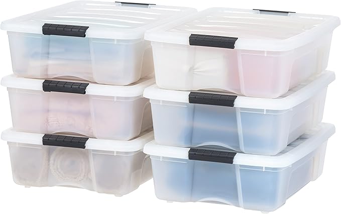 IRIS USA 27 Qt Stackable Plastic Storage Bins with Lids, 6 Pack - BPA-Free, Made in USA - Discreet Organizing Solution, Latches, Durable Nestable Containers, Secure Pull Handle - Pearl