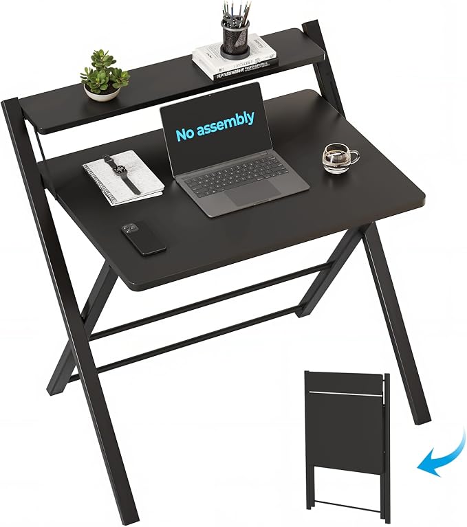 GreenForest Folding Desk No Assembly, Sturdy Computer Desk for Small Spaces | Portable Foldable Table for Laptop, 2-Tier Compact with Shelf, Space Saving for Home Office, Dorm, Apartment 24.5"x 30" Black