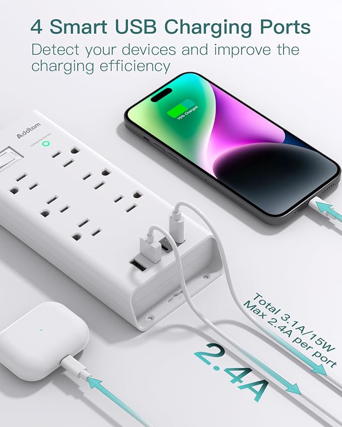Surge Protector Power Bar, 5 FT Flat Plug Extension Cord Indoor, Power Strip with 6 Outlets Charger, 4 USB Ports(2 USB C), Desktop Charging Station for Home, Office, Dorm
