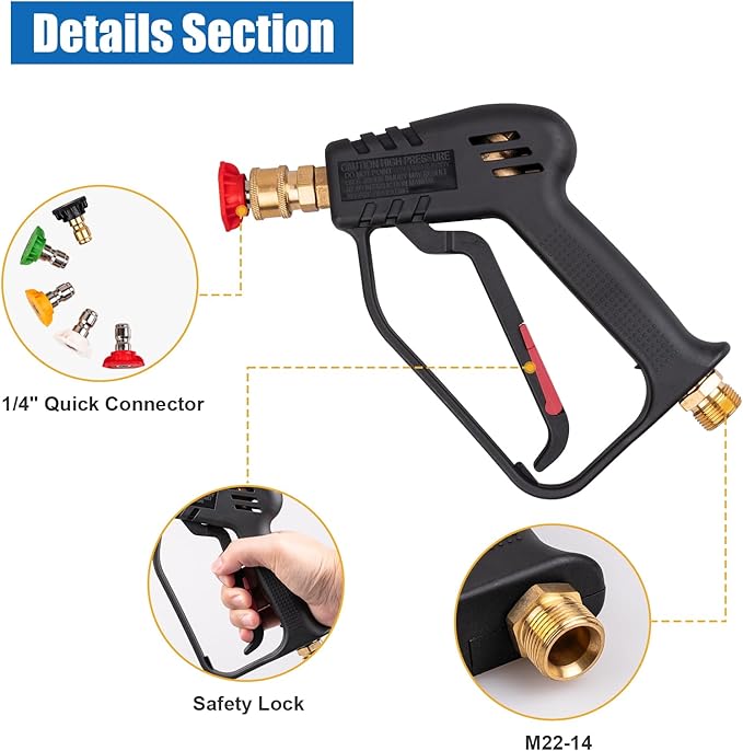 Pressure Washer Gun, Max 4000 PSI with 5 Colorful Nozzles, 1/4" Quick Connect Nozzles, Applicable to M22-14 Threaded Interface