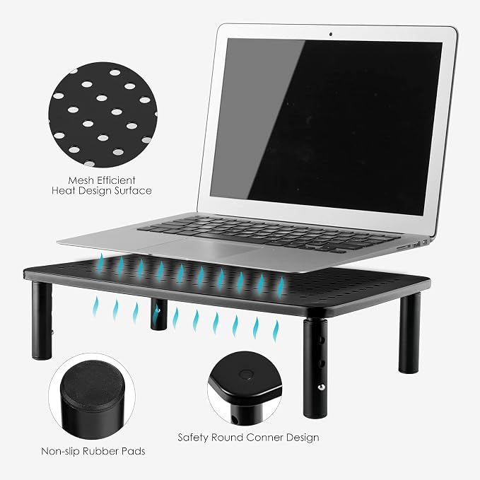 LOTEYIKE TV/Monitor Riser Desktop Stand, Flat Screen, Sturdy Metal Laptop Computer Shelf for Printer, iMac, 3 Height Adjustable PC with Mesh Platform , 2 Pack