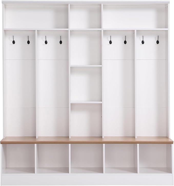 Merax 72'' H Hall Tree with Shoe Storage Bench, Modern Hall Tree with Storage Shelves & 8 Hooks, Coat Rack for Entryway, Mudroom, Hallway, Living Room,White