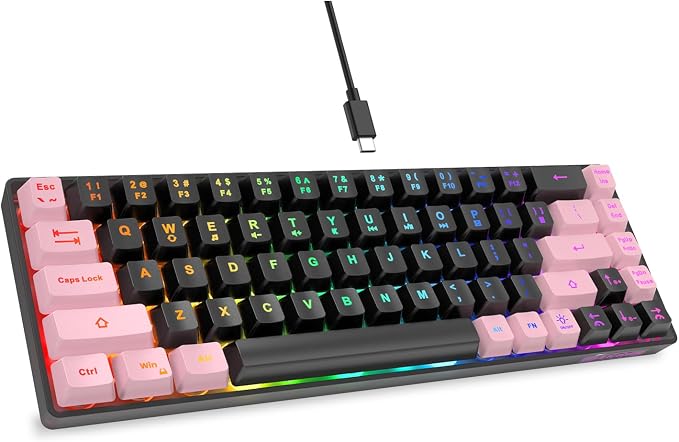 GEODMAER 65% Gaming Keyboard, LED Backlit, Ultra-Compact Anti-Ghosting No-Conflict 68 Keys Membrane Gaming Wired Keyboard for PC Laptop Windows Gamer(Black-Pink)