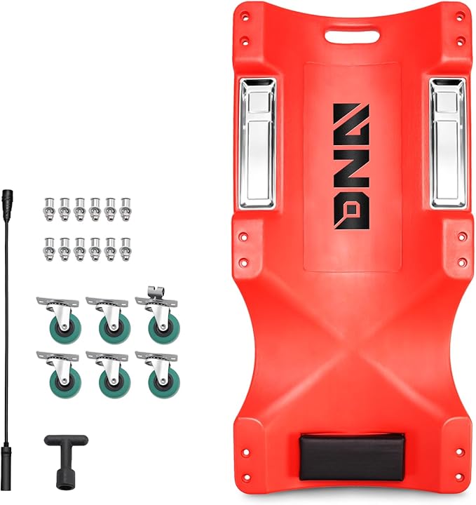 DNA Motoring 40 Inch Low Profile Plastic Rolling Garage Shop Floor Creeper with LED Light, Padded Headrest, Dual Tool Trays, Casters, Red, TOOLS-00389