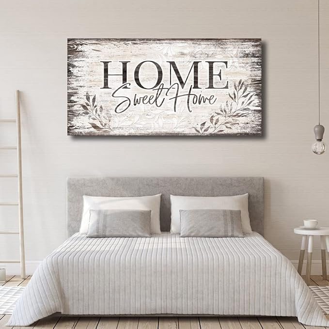 arteWOODS Home Sweet Home Wall Art Sign Large Dark Brown Farmhouse Wall Sign for Living Room Decoration Wooden Board Design Canvas Prints Modern Rustic Artwork Leaf Pictures Wall Decor 24" x 48"