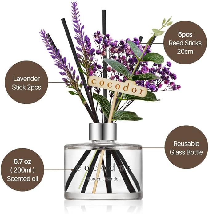 COCODOR Lavender Reed Diffuser/White Jasmine/6.7oz/1Pack / Home Fragrance Scent Essential Oil Stick Diffuser for Bedroom Bathroom Home Decor for Women