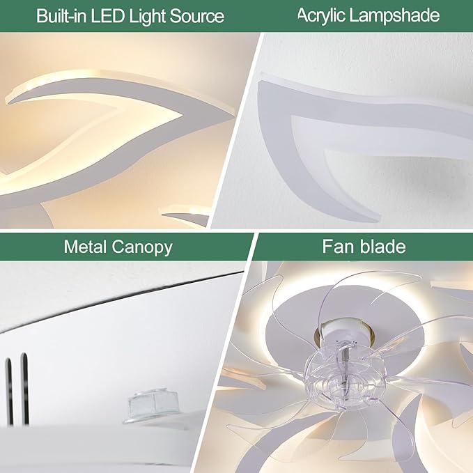 Modern Ceiling Fan with Light and Remote, Low Profile 32 Inch White Flush Mount Fandelier Ceiling Fan for Kitchen Bedroom