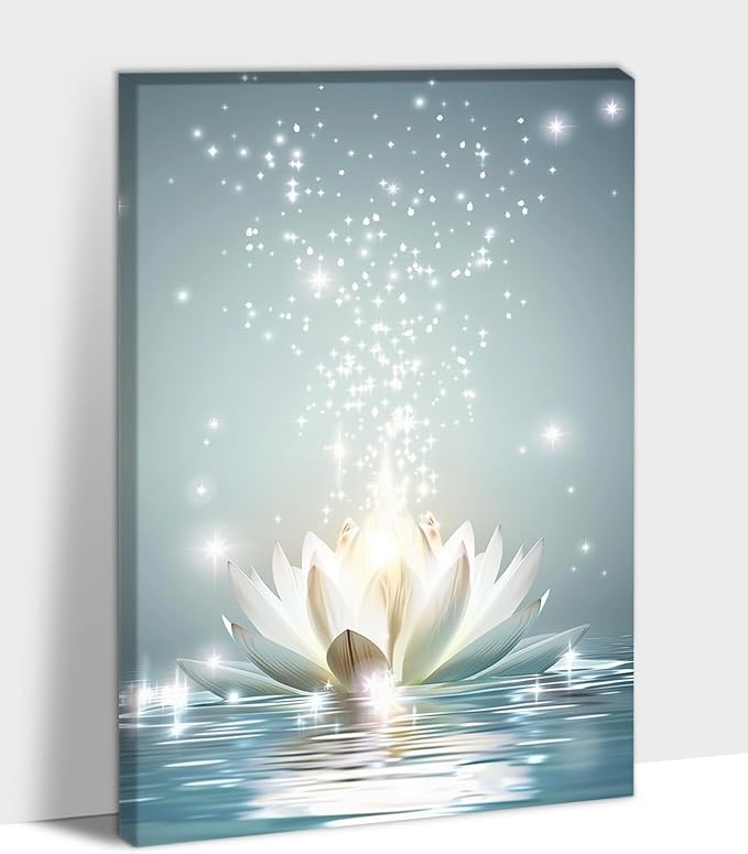 Zen White Lotus Flower Canvas Wall Art, Lotus Flower Pictures Bathroom Zen Print, Spiritual Water Lily Canvas Prints, Lotus Bloom on Water Poster, Zen Calm Relax Artwork for Yoga Spa Room 18x24 inch