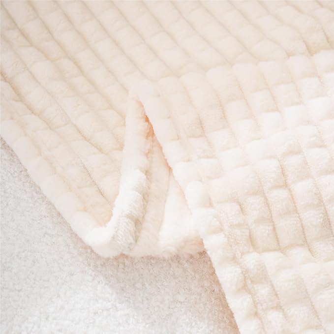 Puncuntex Fleece Blanket Cream White 90"×90" with Square Grid Design | Super Soft Plush Cozy Flannel Throw Blanket Luxury for Couch Sofa Chair