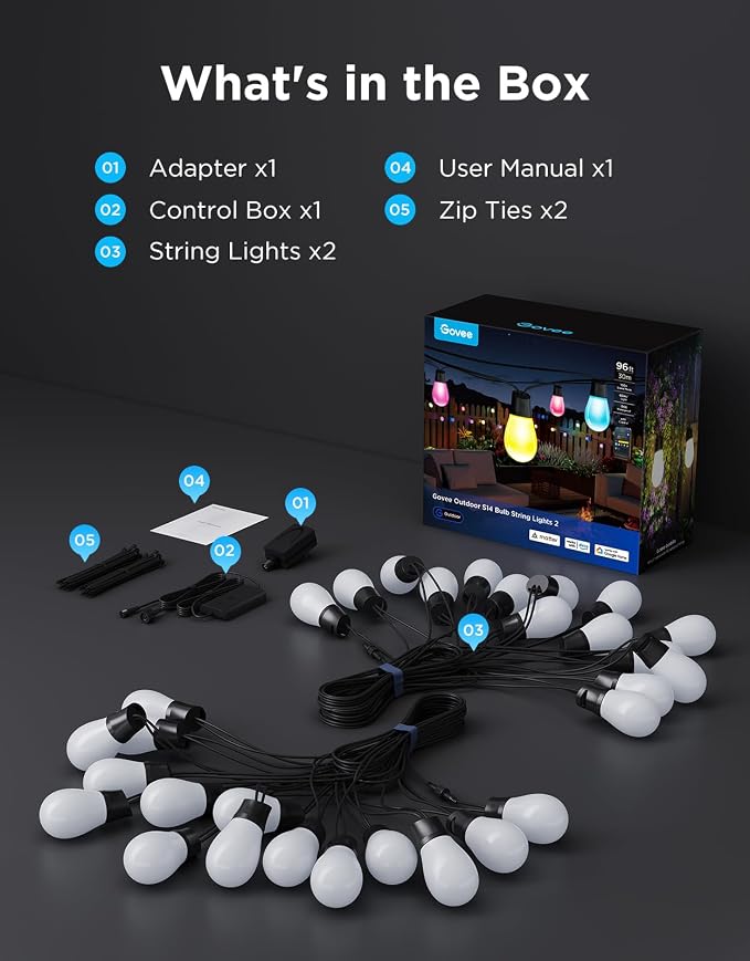 Govee S14 Bulb Outdoor String Lights 2, 96ft RGBICWW, 30 LED Bulbs, IP66 | Patio Lights with 111 Scene Modes for Patio, Backyard, Garden, Compatible with Alexa, Google, Matter, APP Control