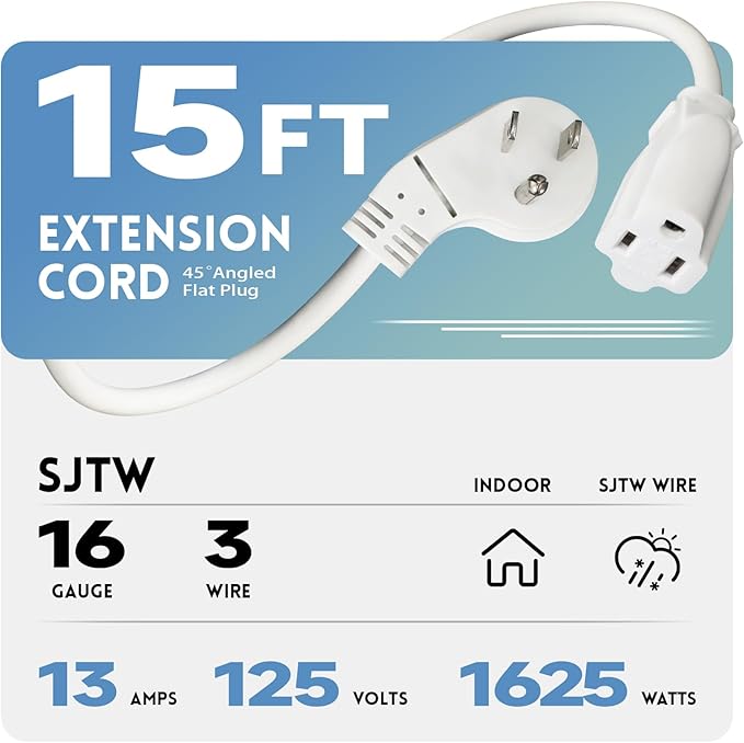 EP 15 Ft Flat Plug Extension Cord, 16 AWG 3 Prong Grounded White Low Profile Extension Cable for Indoor