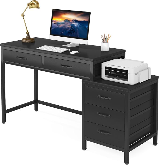 Tribesigns Computer Desk with 5 Drawers, Reversible Home Office Desks | Small Desk with Drawer Cabinet Printer Stand, PC Desk with Storage, Black Study Writing Table Workstation for Small Spaces