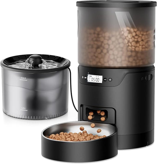 Automatic Cat Feeder and Water Fountain: 3L Timed Precise Cats Food Dispenser& Reliable Programming 1-6 Meals/Day- 3L Cat Water Dispenser with Filter- Auto Pet Feeder Easy to Clean