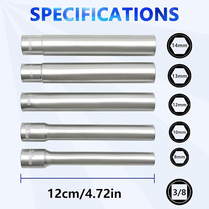 ZKTOOL 7PC 3/8-Inch Drive Deep Metric Socket Set, 8-14MM Extra Long Deep 120MM with 1/2'' and 3/8'' adapter