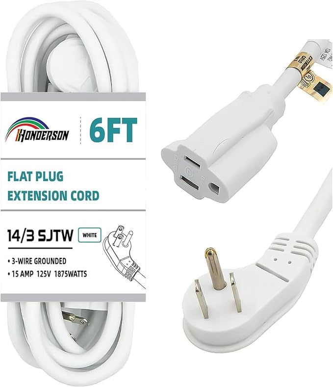 Flat Plug Indoor Extension Cord, UL Certified, 14 Gauge 6FT White 3 Prong Heavy Duty, 14/3 SJTW 15A Power Cord for Lights, Appliances, Home