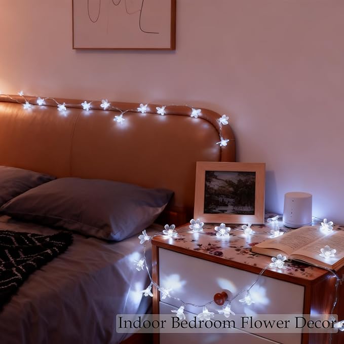 Battery & USB Powered Flower String Lights Indoor Decorations, 10ft 30 LED Decorative Cute Cherry Blossom Floral Lamp for Classroom Bedroom Ceiling Dorm Christmas Tree Hanging Decor (White)