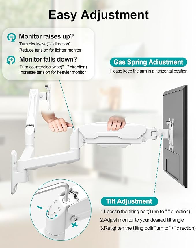 MOUNT PRO Dual Monitor Wall Mount for 13 to 32 Inch Computer Screens, Gas Spring Wall Monitor Arm for 2 Monitors, Each Holds Up to 19.8lbs, Adjustable Wall Monitor Mount with VESA 75x75/100x100, White
