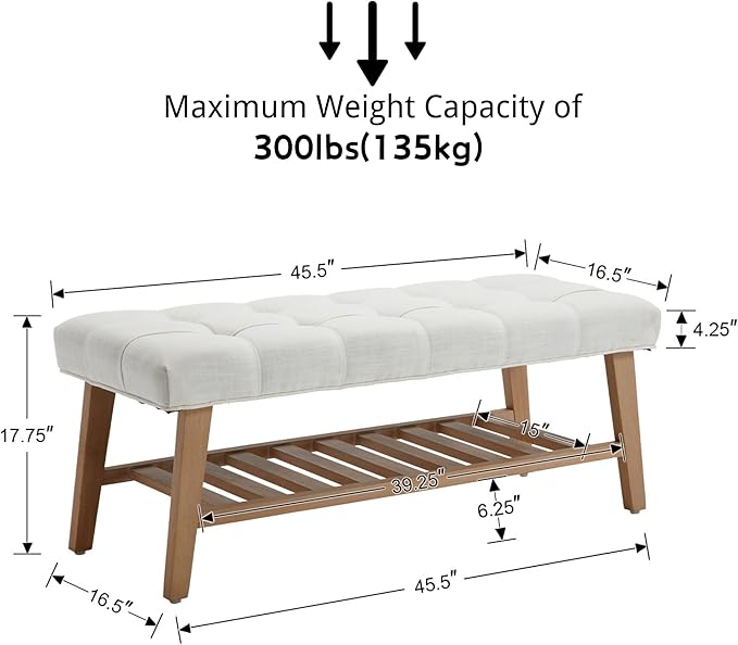 Entryway Shoe Bench Storage Benches with Upholstered Button Tufted Seat and Open Slatted Shelf Linen Shoe Rack for Hallway Living Room Bedroom End of Bed, Beige