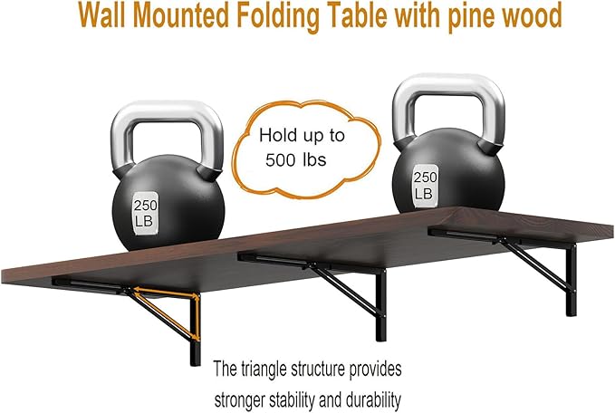 IAE Floating Wall Mounted Folding Table Desk with Pine Wood,55" x 22" Folding Workbench,Fold Down Wall Mounted Foldable Desk with Shelf Brackets,Laundry Table for Home,Dining,Office,Kitchen,Brown