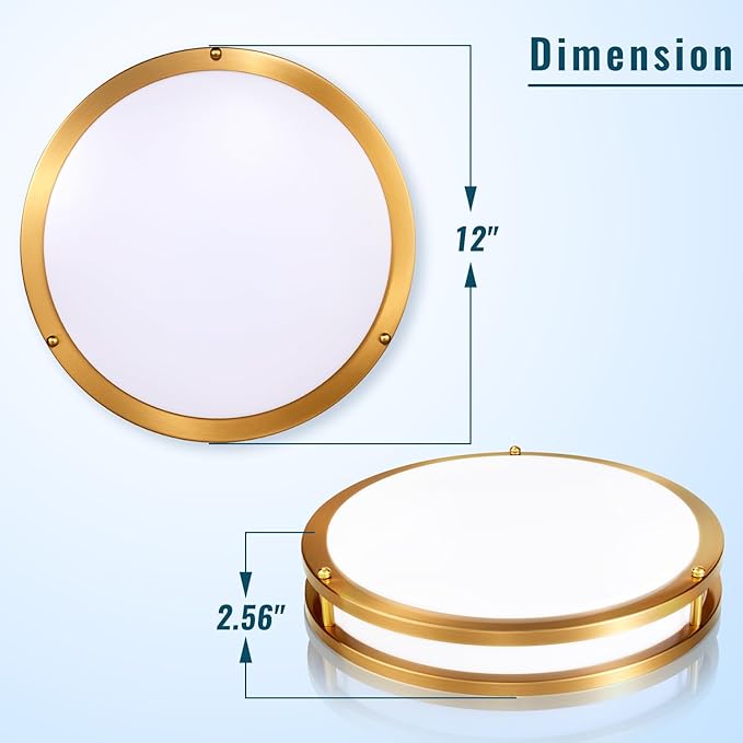 Gold Ceiling Light Fixture 24W, 12 inch LED Flush Mount Ceiling Light for Bedroom, Kitchen, Bathroom, 5CCT Dimmable Close to Ceiling Light Fixture for Hallway 2 Pack…