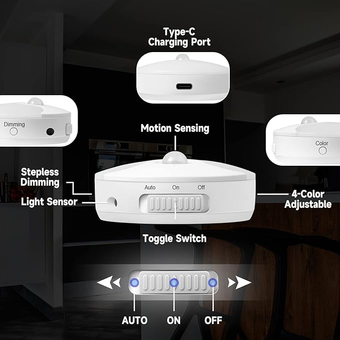Motion Sensor LED Night Light, Rechargeable LED Stick-On Closet Light with Dusk to Dawn Sensor, Adjustable Brightness for Bedroom, Cabinet, Wall, Stairs, Hallway, Kitchen (2 Pack)