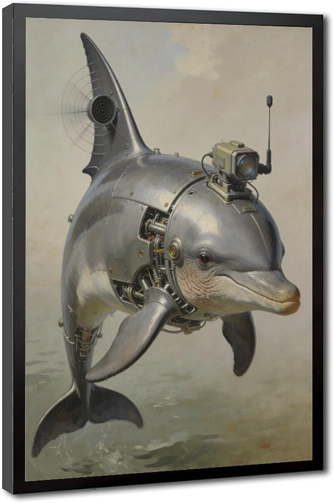 Framed Steampunk Mechanical Dolphin Wall Art - Marine Retro-Futuristic Poster for Beach House Living Room Decor 16x24in