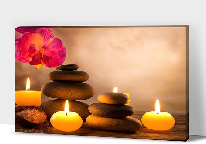 Zen Wall Art Decor, Modern Bathroom Zen Decor Wall Art, Zen Relaxing Canvas Wall Art for Spa Room Decor, Black Pebble and Lighted Candles Zen Art Prints for Office & Spa Wall Decor 12x18 Inches