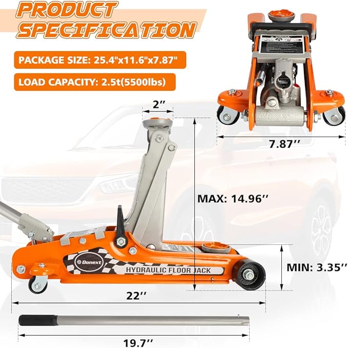 Donext 2.5 Ton Steel Floor Jack, Low Profile Hydraulic Racing Floor Jack, Heavy-Duty Racing Floor Jack with Single Piston Lift Pump, Lifting Range 3-3/8" - 14-15/16"