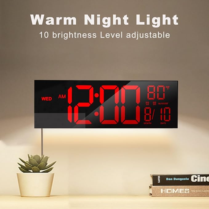 JALL 16" Large Digital Wall Mount Clock, Count Down Timer, Alarm, Big LED, DST, Temperature for Living Room Classroom Desk, Xmas, Birthday Gift for Senior Men Women Mom Dad, Red