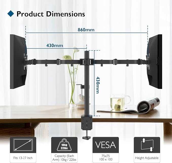 BONTEC Dual Monitor Desk Mount, 13-27 Inch, 22lbs, VESA 75x75/100x100,Black | Full Motion Adjustable Stand, Heavy Duty Arms, C Clamp and Grommet Base, Cable Management for Flexible Screen Positioning