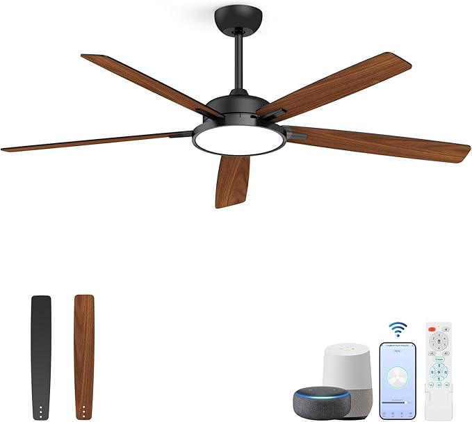 Roomratv Ceiling Fans with Lights,62 Inch Smart Ceiling Fan,Remote and App Control,Dimmable,Reversible,Noiseless, Compatible with Alexa,Google Home,Large Black Modern Ceiling Fan for Indoor/Outdoor