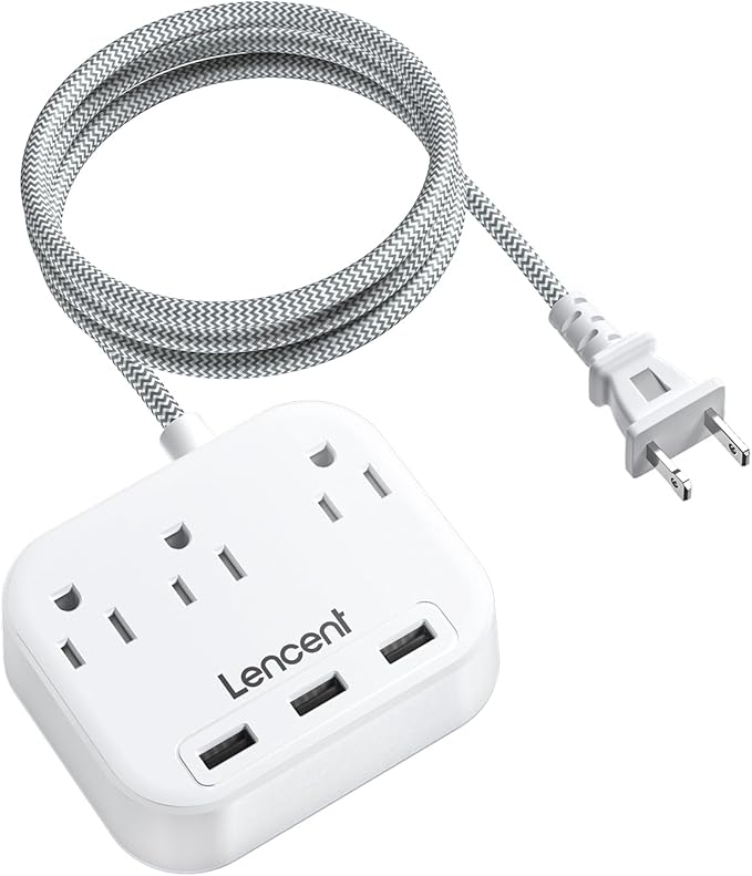 LENCENT 2 Prong Power Strip, 2 Prong to 3 Prong Outlet Adapter, 6.6 ft Braided Extension Cord with Polarized Plug, 3 AC Outlets and 3 USB, Wall Mountable, Ideal for Non Grounded Outlets