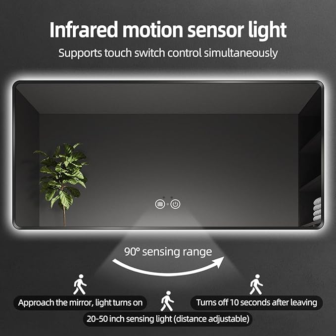 36"x28" Black LED Bathroom Mirror, Metal Framed, Rounded Rectangle, Bathroom Backlit Mirror, Anti-Fog, Stepless Dimmable, Smart Lighted Mirror for Vanity, Infrared Motion Sensor Lights, Memory
