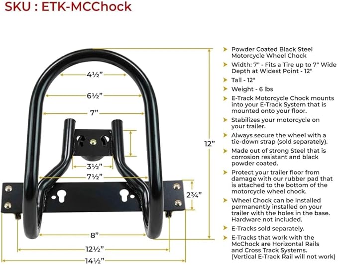 Mytee Products 7" Motorcycle Wheel Chock Steel for E-Track/X-Track System - Black (2 Pack)